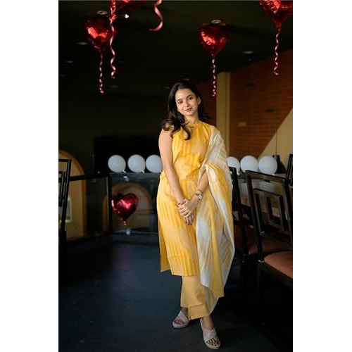 ANNI DESIGNER Women's Rayon Viscose Straight Printed Kurta with Pant & Dupatta (Dabiman Yellow_M_Yellow_Medium)