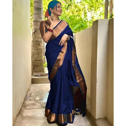 Yashika Women's Banarasi Kanjivaram Cotton Silk Woven Saree with Unstitched Blouse Material (AZ-YS-OG-SUSHANTI NAVY)