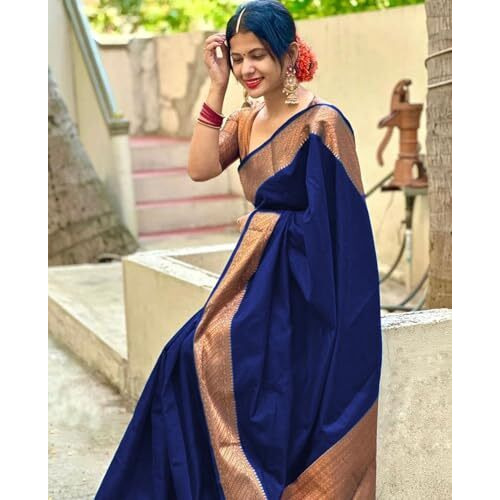 Yashika Women's Banarasi Kanjivaram Cotton Silk Woven Saree with Unstitched Blouse Material (AZ-YS-OG-SUSHANTI NAVY)