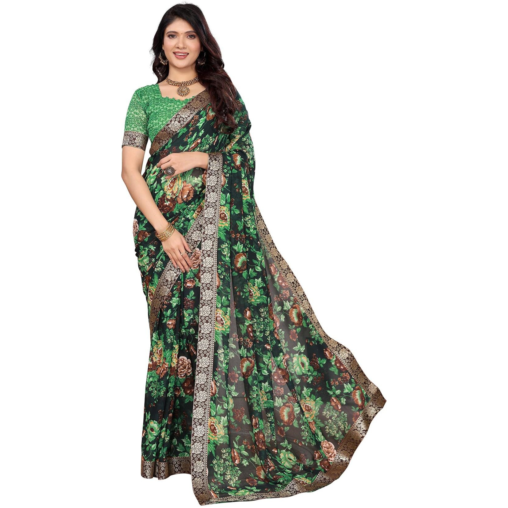 Yashika Women's Georgette Printed Saree With Blouse Material |saree for Women | saree collection 2025 | New Sari | Latest Saree (AZ-YS-P1-SANAM GREEN LACE)