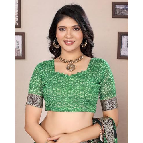 Yashika Women's Georgette Printed Saree With Blouse Material |saree for Women | saree collection 2025 | New Sari | Latest Saree (AZ-YS-P1-SANAM GREEN LACE)