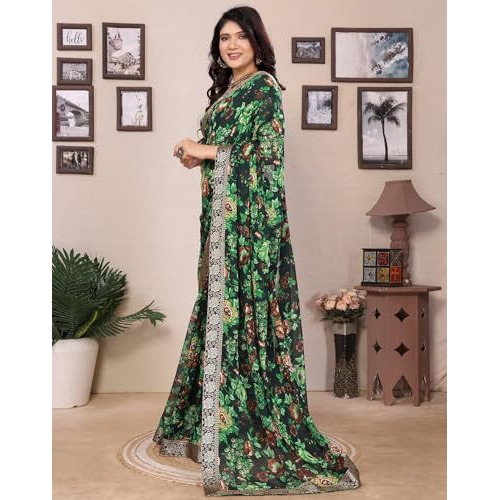 Yashika Women's Georgette Printed Saree With Blouse Material |saree for Women | saree collection 2025 | New Sari | Latest Saree (AZ-YS-P1-SANAM GREEN LACE)