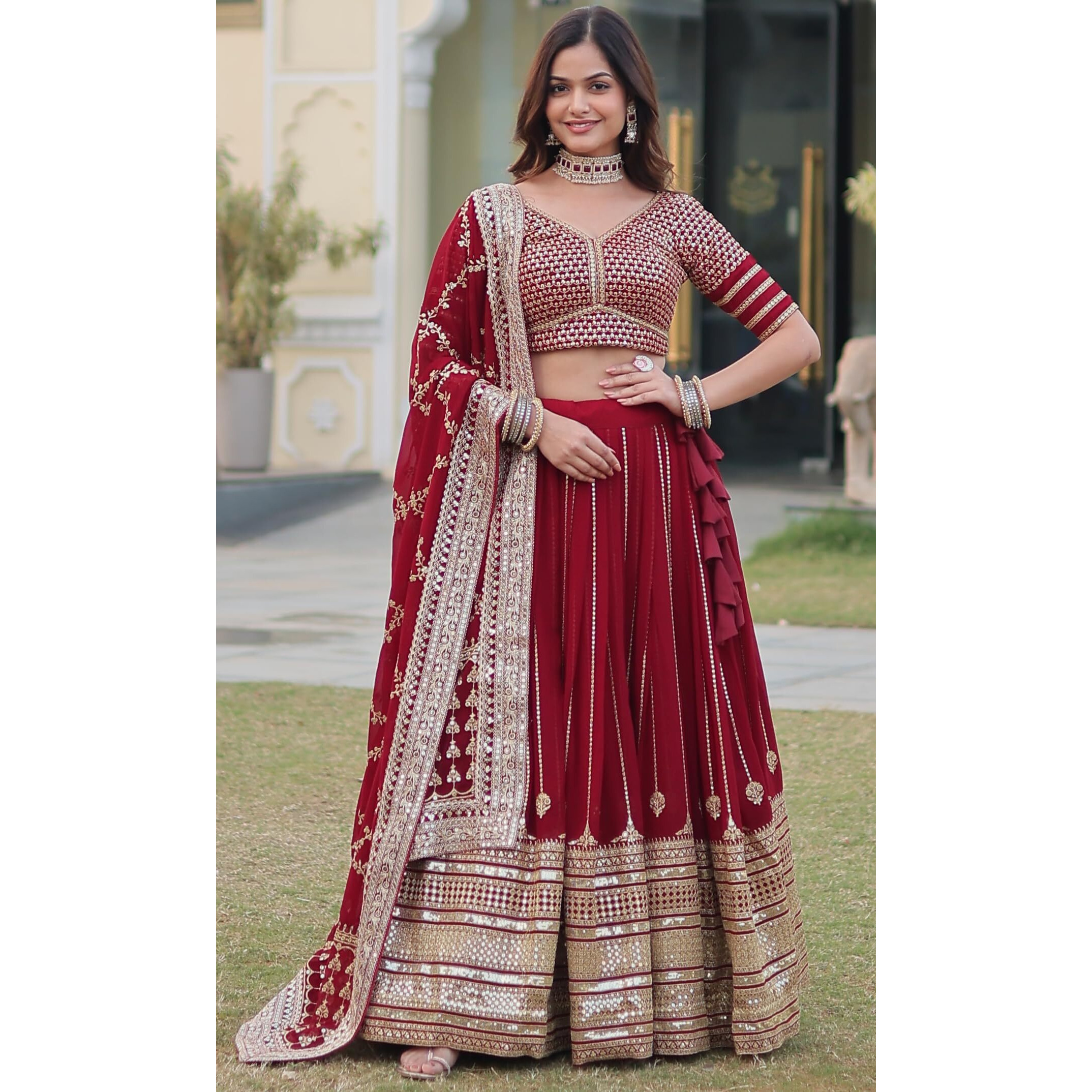 Wedani Faux Georgette Sequins Zari Embroidered Work Lehenga Choli For women (MAROON)