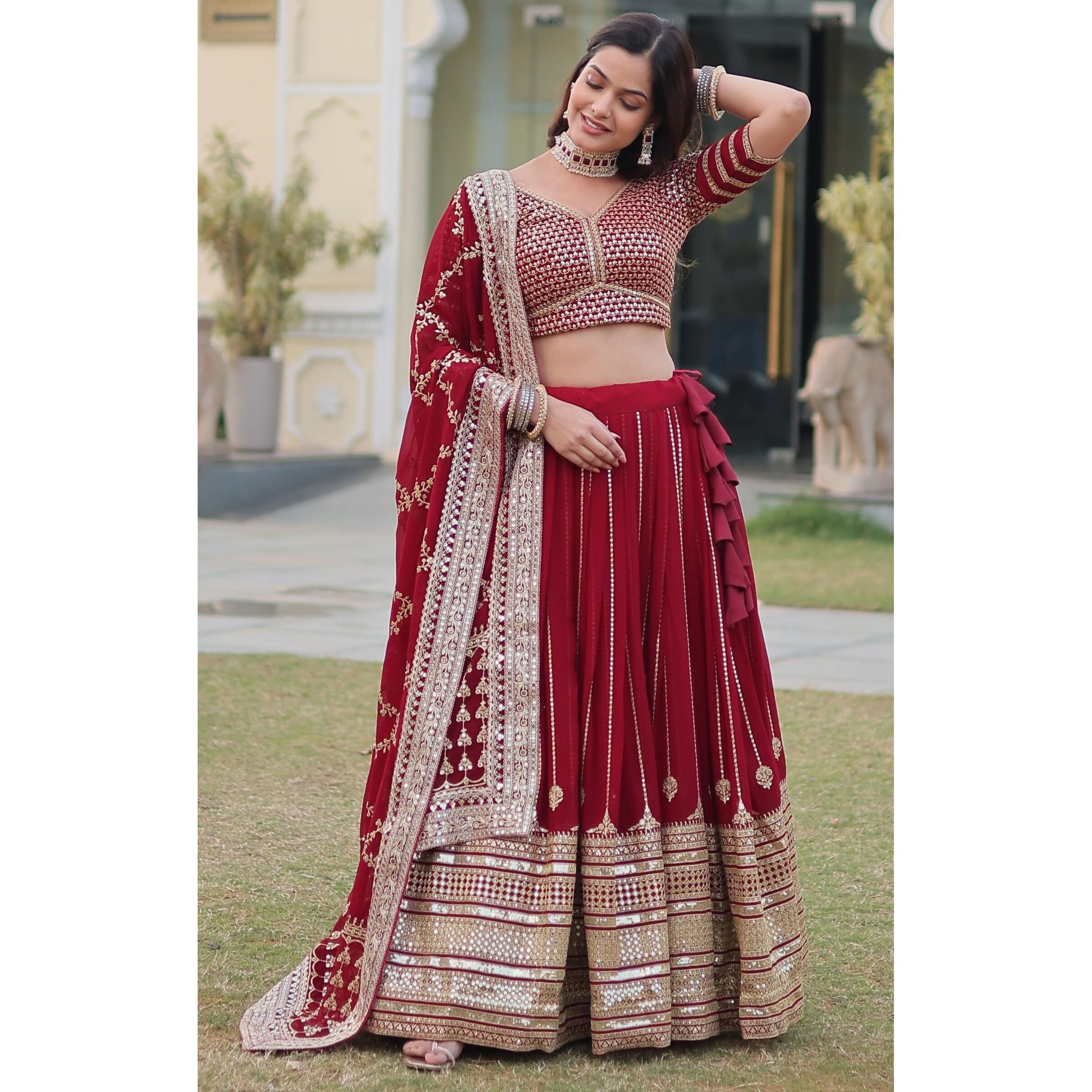 Wedani Faux Georgette Sequins Zari Embroidered Work Lehenga Choli For women (MAROON)