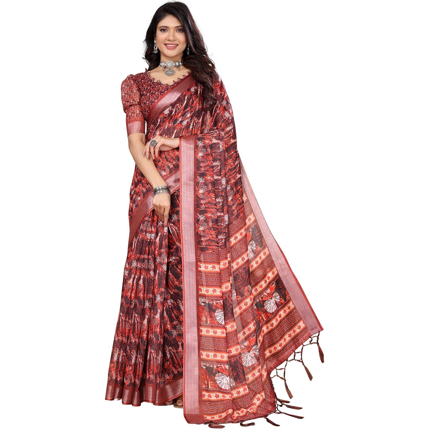 Yashika Women's Digital Print Cotton Silk Blend Saree with Silver Weaving Border and Tassels - Elegant Ethnic Wear for Festive and Casual Occasions (AZ-YS-P1-TIGER15)