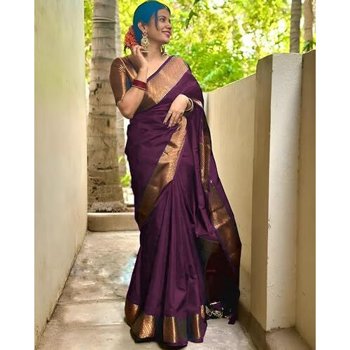Yashika Women's Banarasi Kanjivaram Cotton Silk Woven Saree with Unstitched Blouse Material (AZ-YS-OG-SUSHANTI PURPLE)