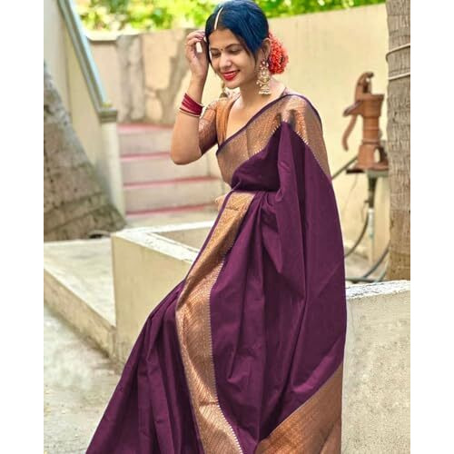 Yashika Women's Banarasi Kanjivaram Cotton Silk Woven Saree with Unstitched Blouse Material (AZ-YS-OG-SUSHANTI PURPLE)