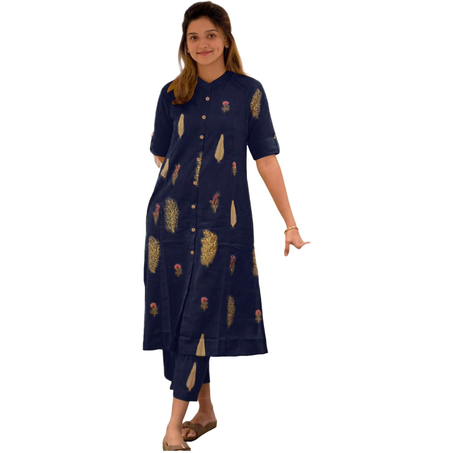 ANNI DESIGNER Women's Rayon Viscose Floral Straight Kurta with Pant (Barkat-CLRS_Navy Blue_Large)