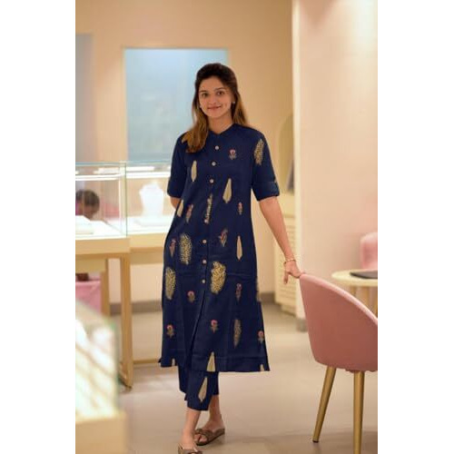 ANNI DESIGNER Women's Rayon Viscose Floral Straight Kurta with Pant (Barkat-CLRS_Navy Blue_Large)