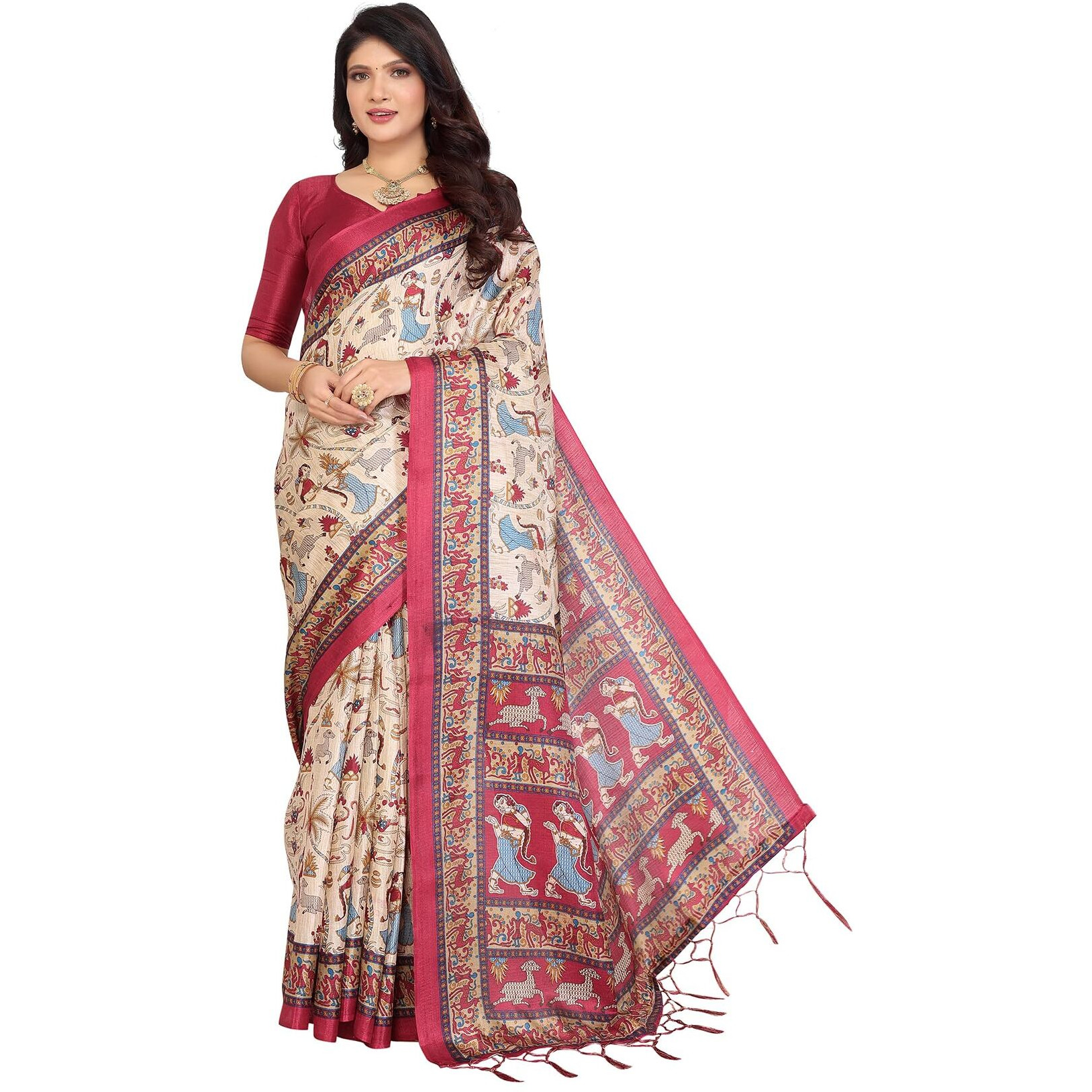 Yashika Women's Art Silk Printed Saree With Blouse Material |saree for Women | Kalamkari Saree | New Sari | Latest Saree (AZ-YS-P1-NIHARIKA CHIKU MAROON JHALAR)