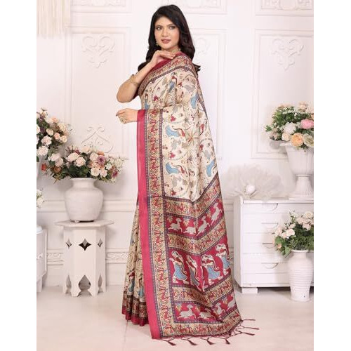 Yashika Women's Art Silk Printed Saree With Blouse Material |saree for Women | Kalamkari Saree | New Sari | Latest Saree (AZ-YS-P1-NIHARIKA CHIKU MAROON JHALAR)