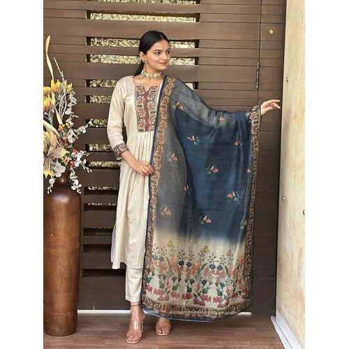 ANNI DESIGNER Women's Rayon Viscose Straight Printed Kurta with Pant & Dupatta (LADKI Cream_M_Cream_Medium)