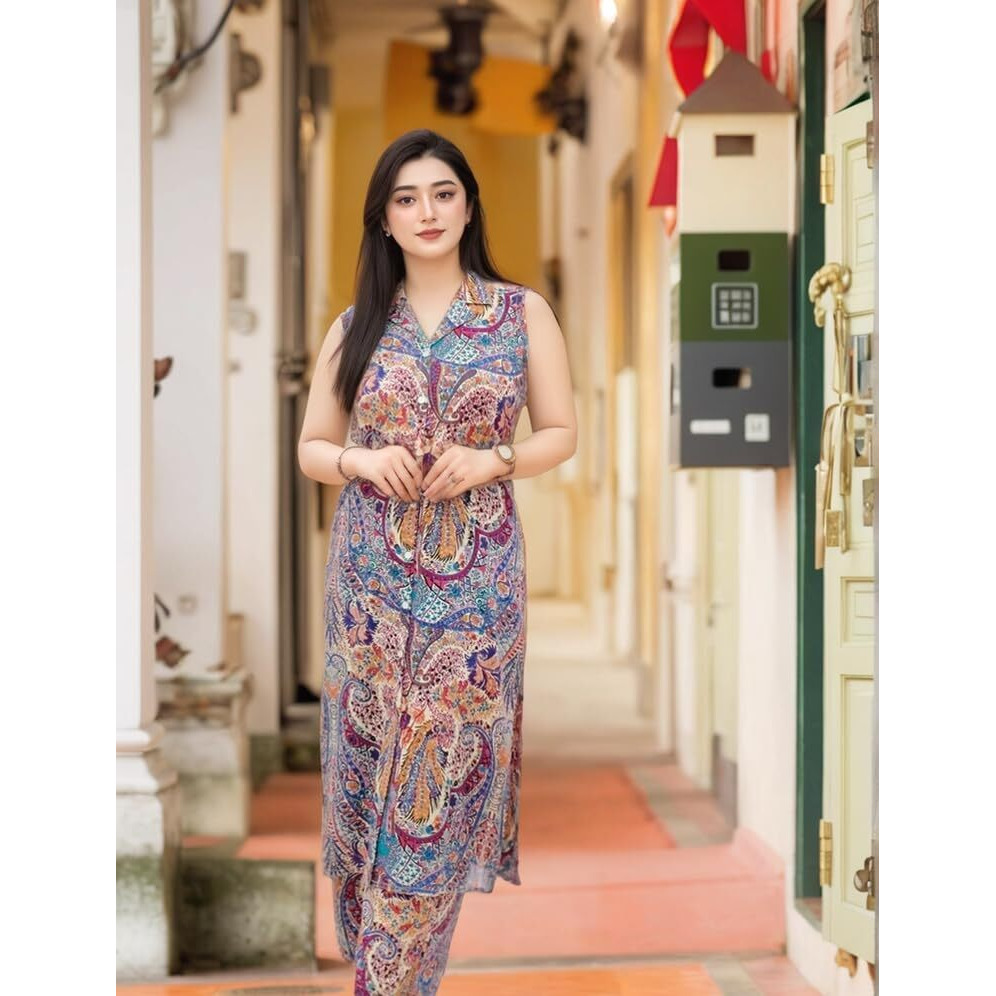ANNI DESIGNER Women's Rayon Viscose A-Line Printed Kurta with Palazzo (KARNAN Multi_XXL_Multicolor_XX-Large)