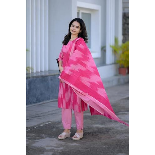 ANNI DESIGNER Women's Rayon Viscose Straight Printed Kurta with Pant & Dupatta (Nahda Pink_S_Pink_Small)