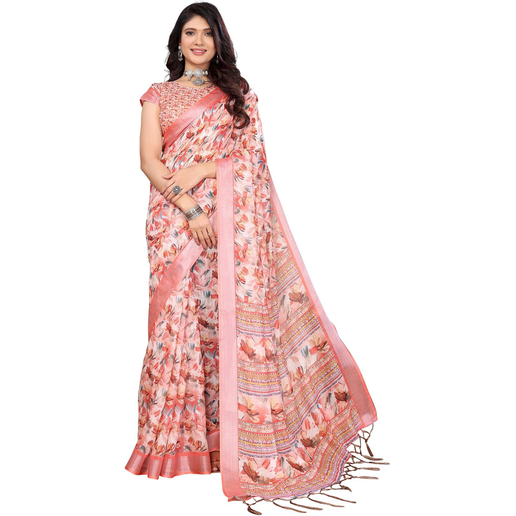 Yashika Women's Digital Print Cotton Silk Blend Saree with Silver Weaving Border and Tassels - Elegant Ethnic Wear for Festive and Casual Occasions (AZ-YS-P1-TIGER20)
