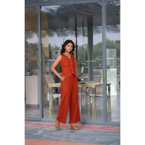 ANNI DESIGNER Women's Rayon Viscose Straight Solid Kurta with Pant (Imperia Orange_M_Orange_Medium)