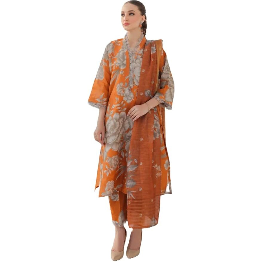 ANNI DESIGNER Women's Rayon Viscose Printed Straight Kurta with Pant & Dupatta (Zena Orange_S_Orange_Small)