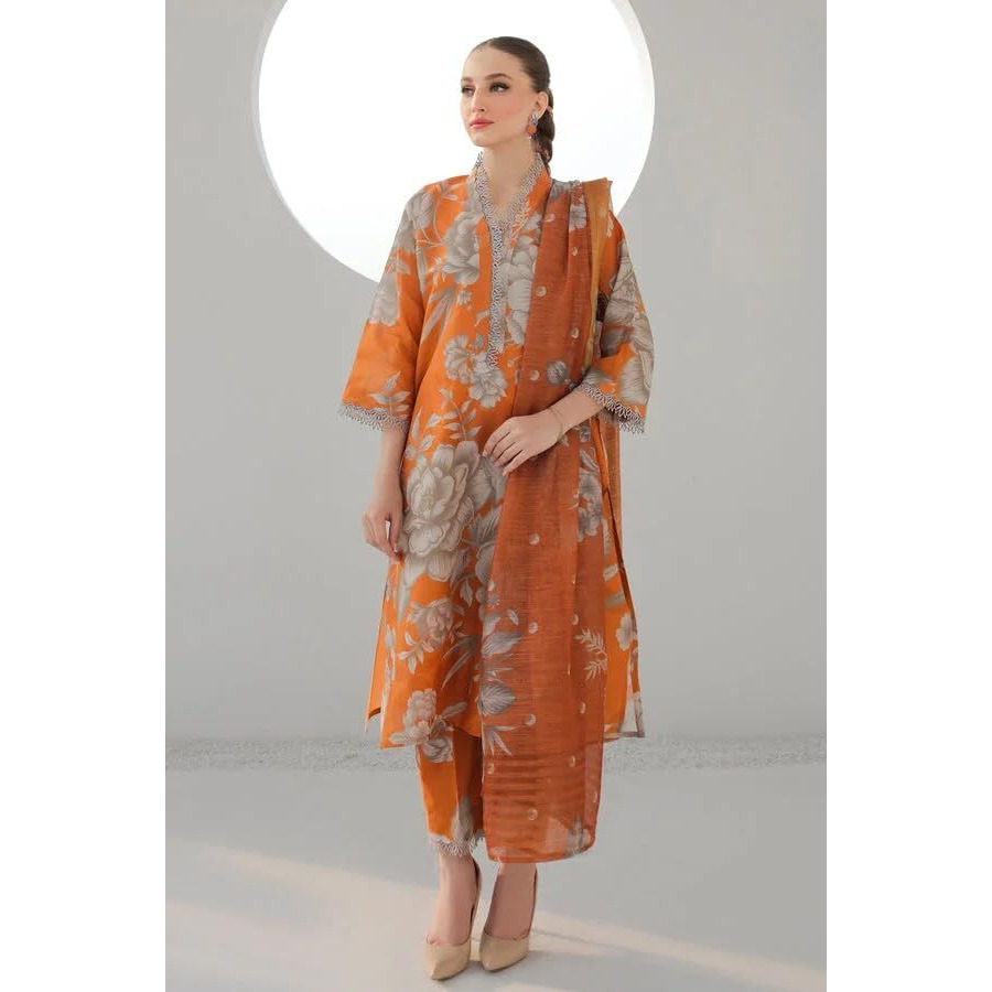 ANNI DESIGNER Women's Rayon Viscose Printed Straight Kurta with Pant & Dupatta (Zena Orange_S_Orange_Small)
