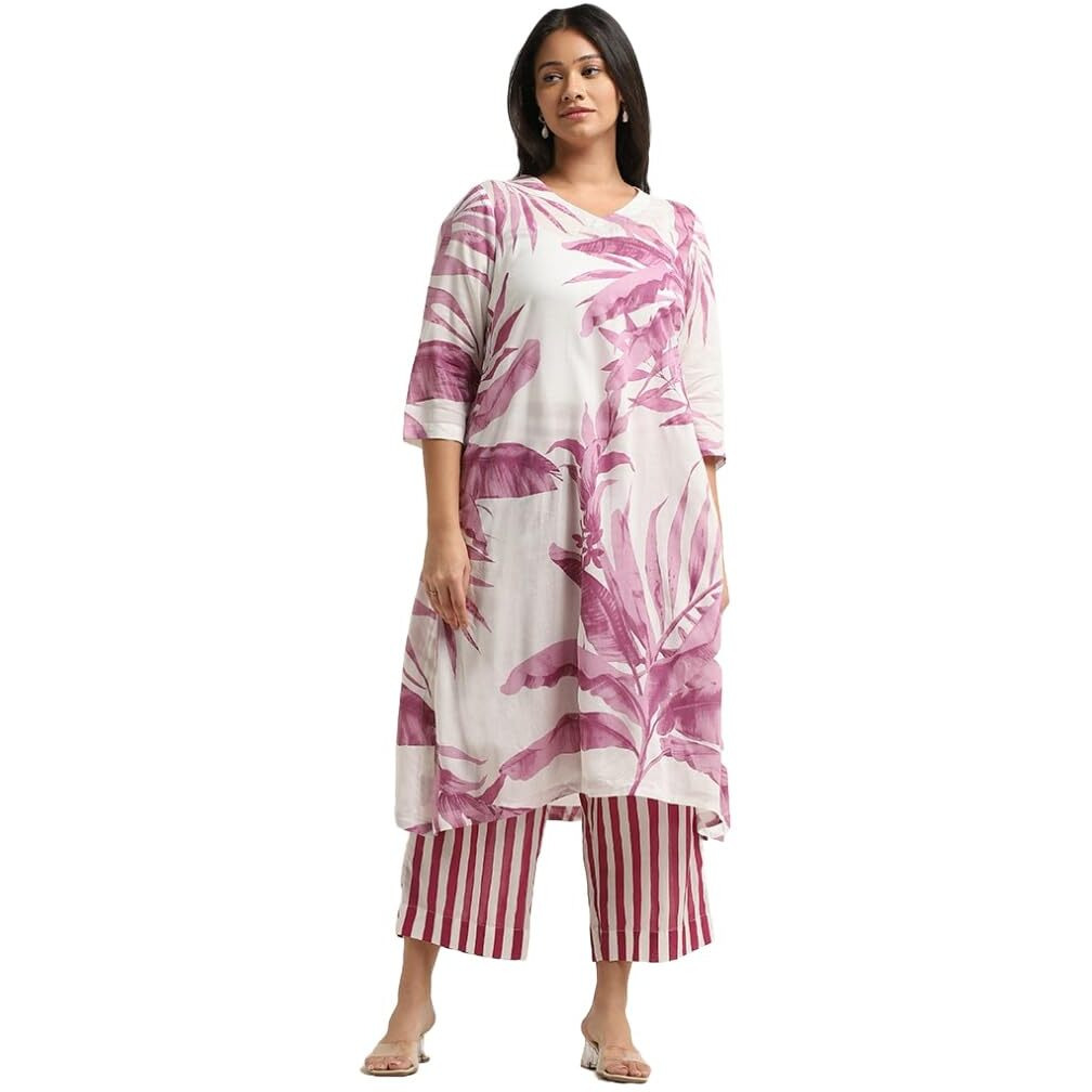 ANNI DESIGNER Women's Cotton Blend Straight Printed Kurta with Palazzo (Rilaka Pink_M_Pink_Medium)