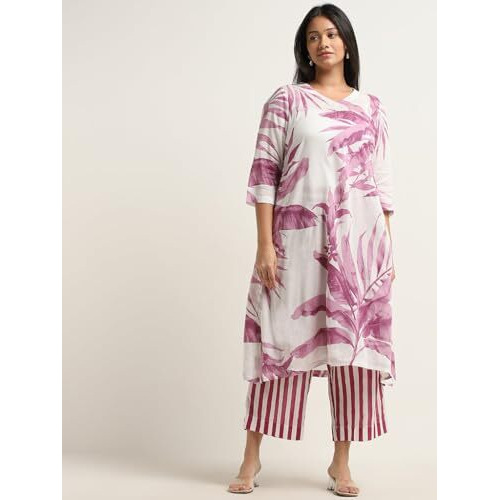 ANNI DESIGNER Women's Cotton Blend Straight Printed Kurta with Palazzo (Rilaka Pink_M_Pink_Medium)