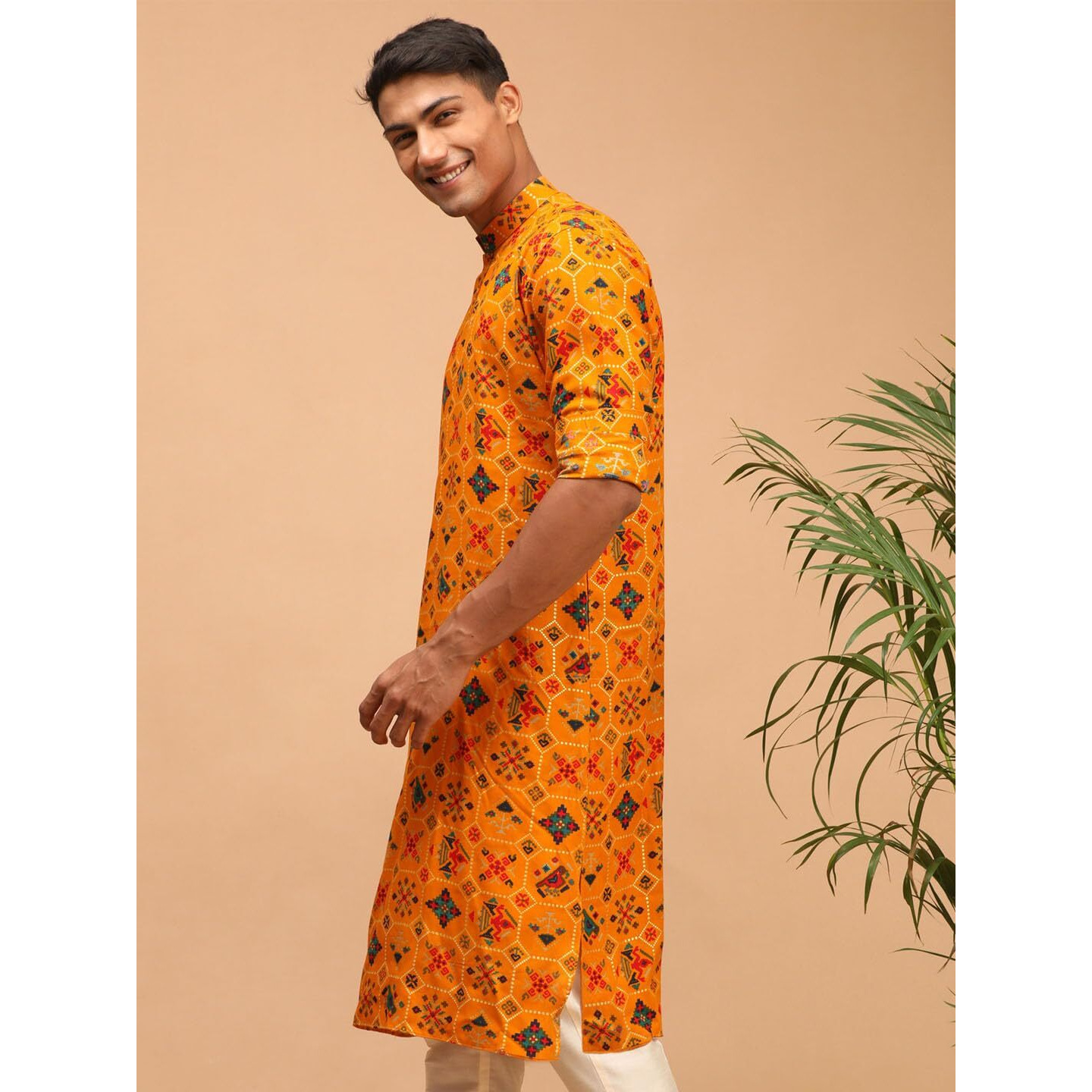 VASTRAMAY Men's Longline Pathani Style Rayon Printed Kurta with Foil Print Detailing