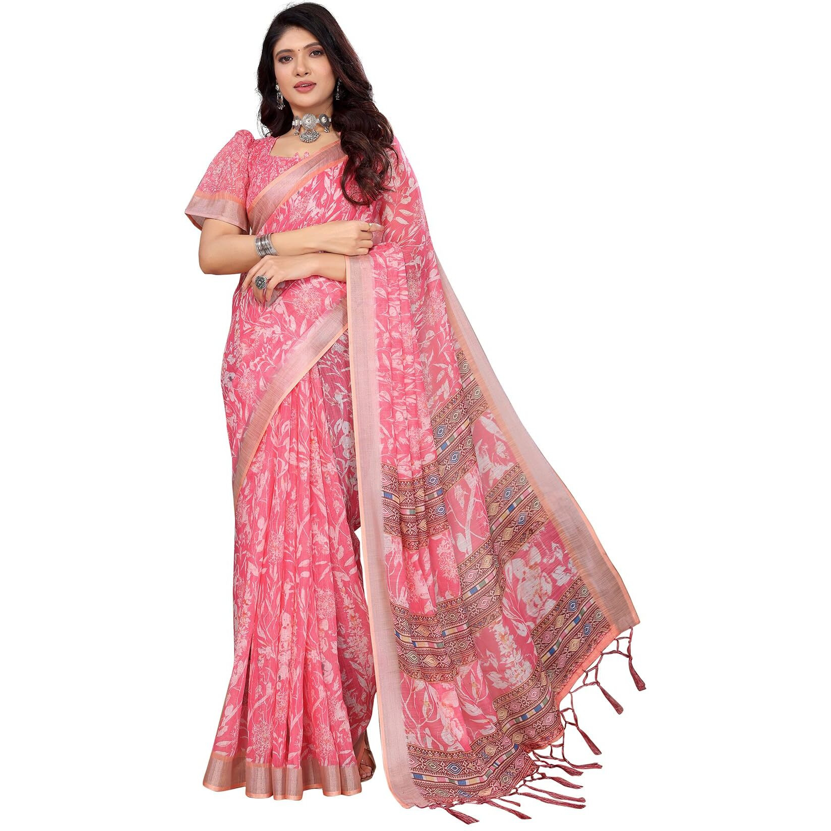 Yashika Women's Digital Print Cotton Silk Blend Saree with Silver Weaving Border and Tassels - Elegant Ethnic Wear for Festive and Casual Occasions (AZ-YS-P1-TIGER19)