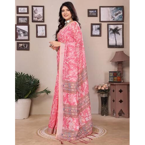 Yashika Women's Digital Print Cotton Silk Blend Saree with Silver Weaving Border and Tassels - Elegant Ethnic Wear for Festive and Casual Occasions (AZ-YS-P1-TIGER19)