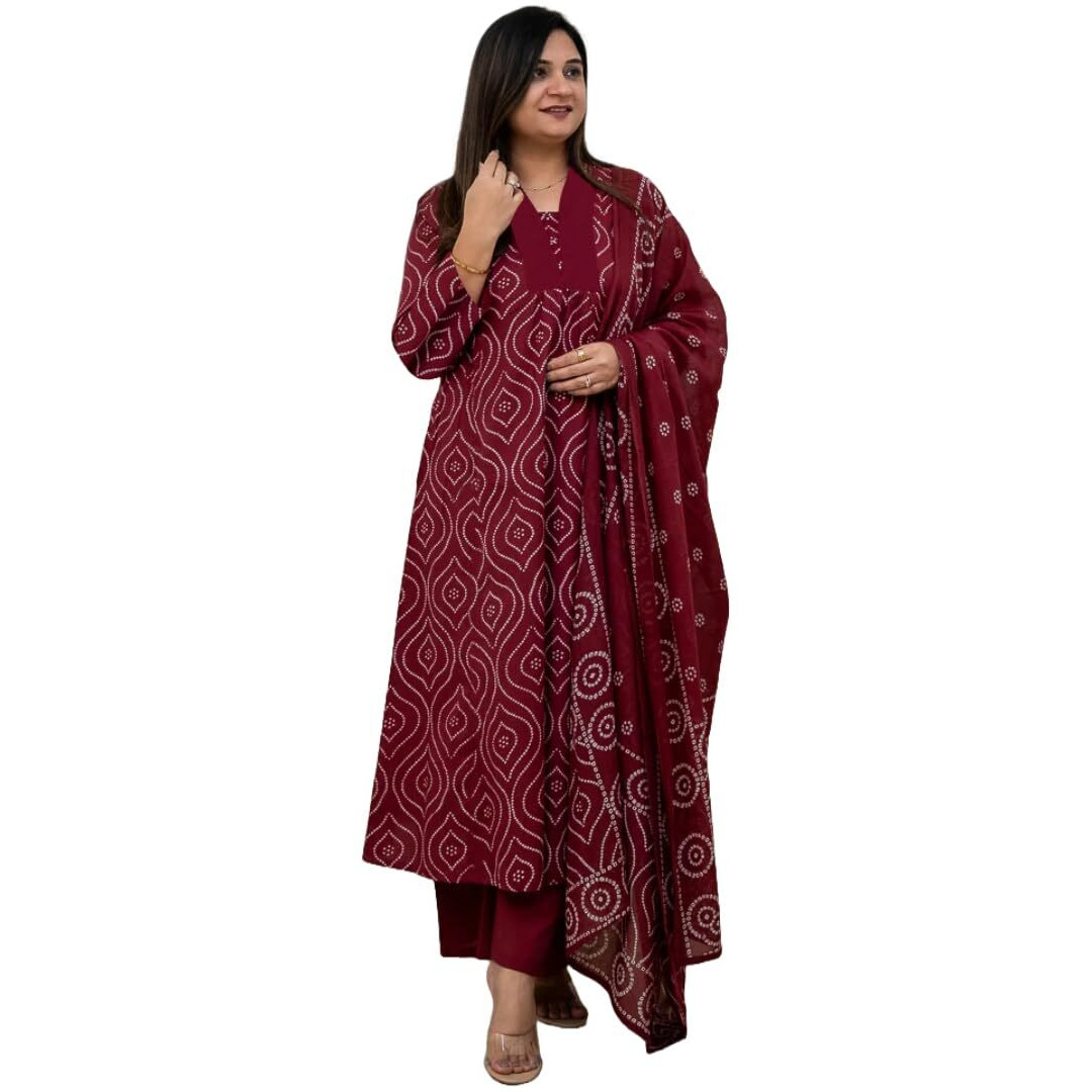 ANNI DESIGNER Women's Rayon Viscose Anarkali Printed Kurta with Pant & Dupatta (VANGALA Maroon_XXL_Maroon_XX-Large)