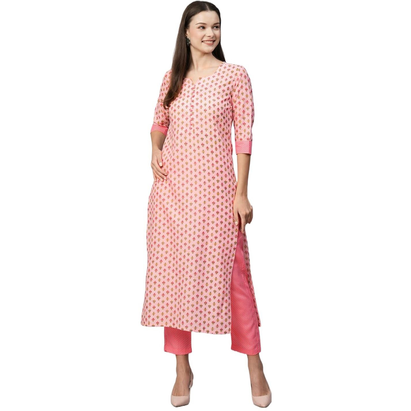 ANNI DESIGNER Women's Cotton Blend Printed Straight Kurta with Pant (Otti Pink-N2W_XL_Pink_X-Large)