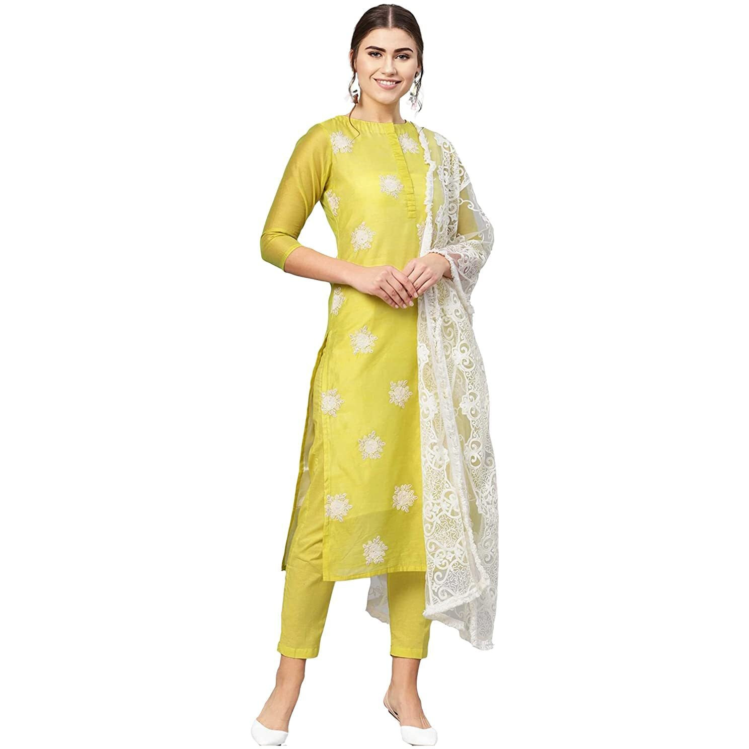 ANNI DESIGNER Women's Ruby Cotton Straight Embroidery Kurti with Pant & Dupatta Set (White-Show Multicolored_S Multicolored_Small)
