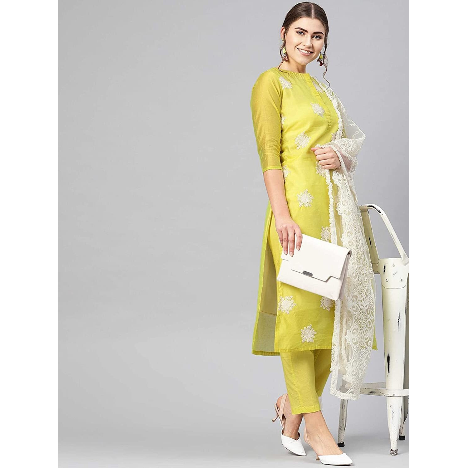 ANNI DESIGNER Women's Ruby Cotton Straight Embroidery Kurti with Pant & Dupatta Set (White-Show Multicolored_S Multicolored_Small)