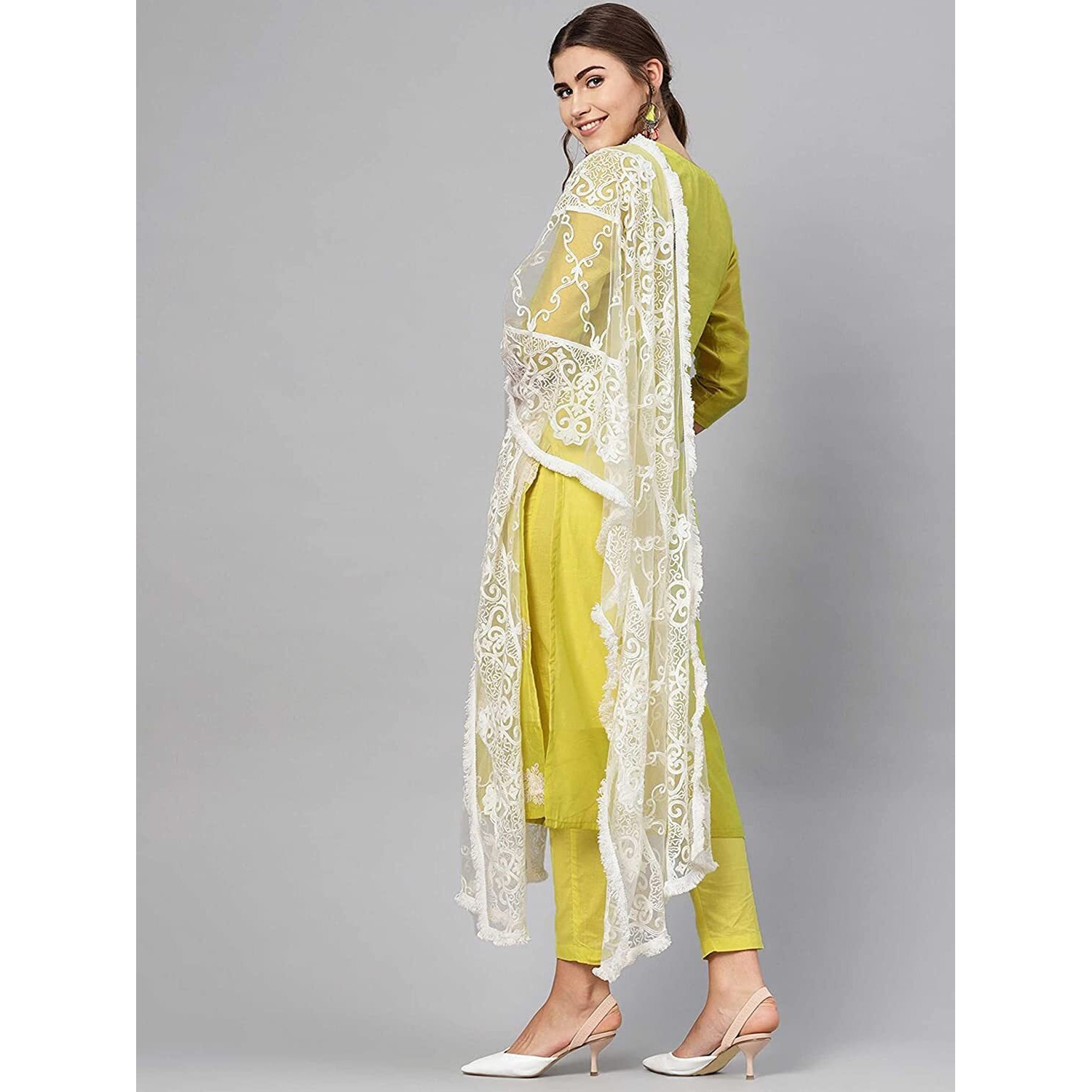 ANNI DESIGNER Women's Ruby Cotton Straight Embroidery Kurti with Pant & Dupatta Set (White-Show Multicolored_S Multicolored_Small)
