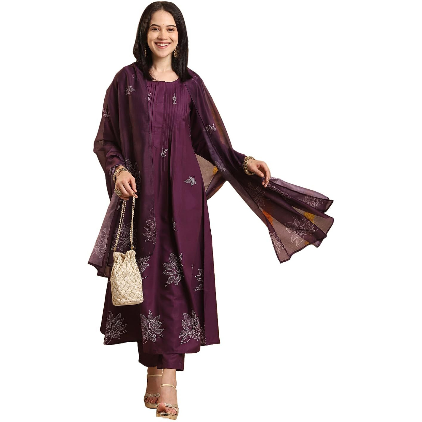 ANNI DESIGNER Women's Rayon Blend Anarkali Printed Kurta with Pant & Dupatta (Gangori Wine-VKS02_L_Wine_Large)