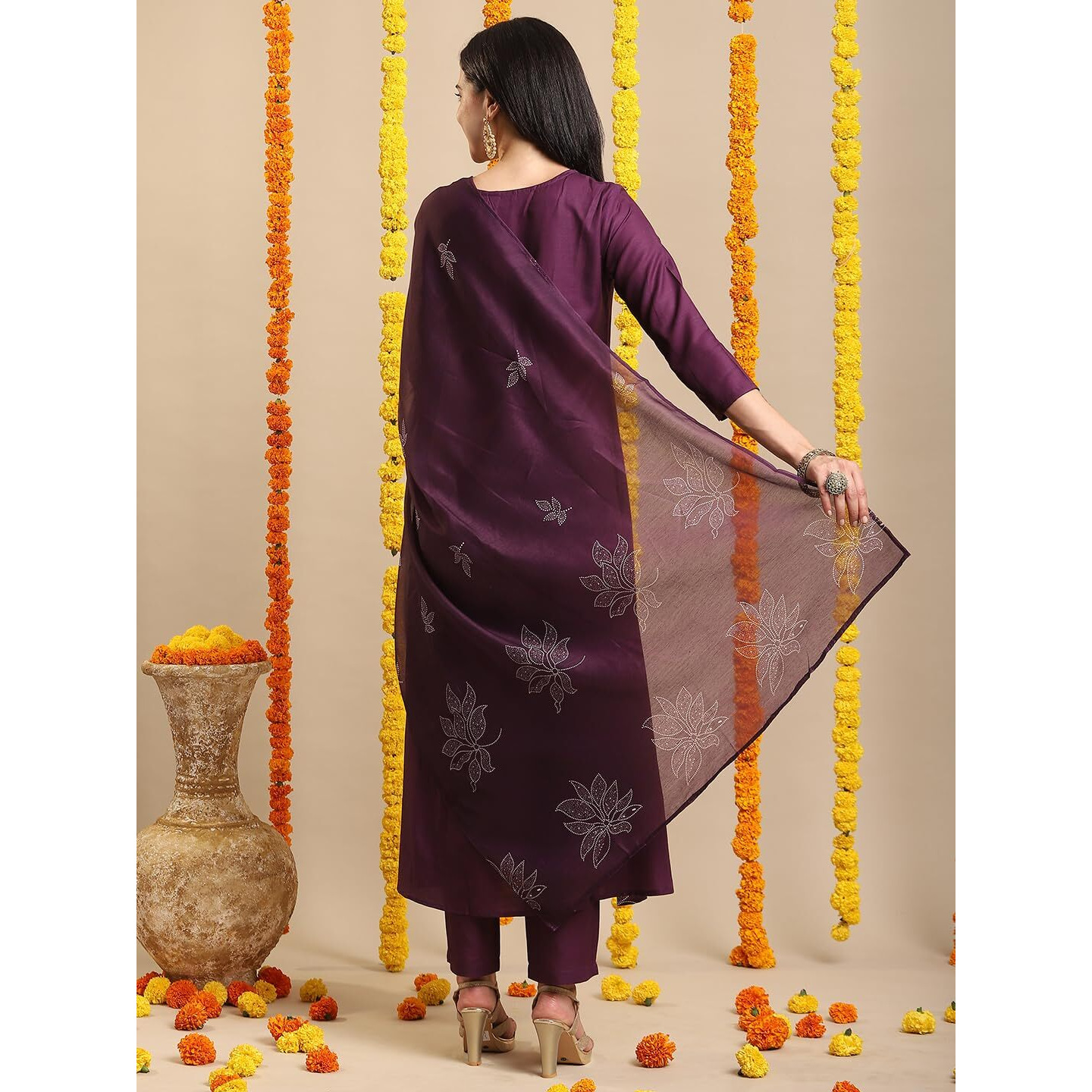ANNI DESIGNER Women's Rayon Blend Anarkali Printed Kurta with Pant & Dupatta (Gangori Wine-VKS02_L_Wine_Large)