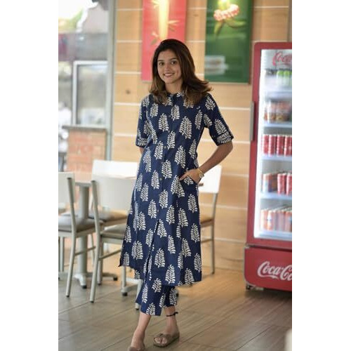ANNI DESIGNER Women's Rayon Viscose A-Line Printed Kurta with Pant (KOPEK Blue_L_Blue_Large)