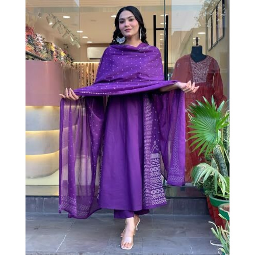 ANNI DESIGNER Women's Rayon Viscose Anarkali Printed Kurta with Pant & Dupatta (Hamlet Begani_S_Begani_Small)