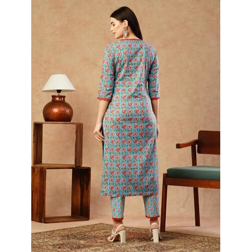 ANNI DESIGNER Women's Cotton Blend Straight Printed Kurta with Pant (Balajyoti Blue-NW_L_Blue_Large)