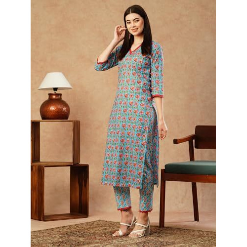 ANNI DESIGNER Women's Cotton Blend Straight Printed Kurta with Pant (Balajyoti Blue-NW_L_Blue_Large)