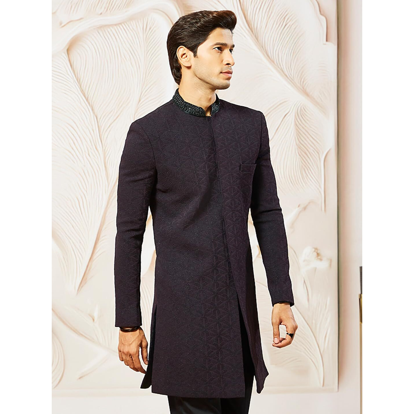 VASTRAMAY Men's Wine Silk Blend Indo Western Top Only, Silk Blend Emboss Fabric Indo Western For Men, Traditional Indian Wear for Weddings & Festivals