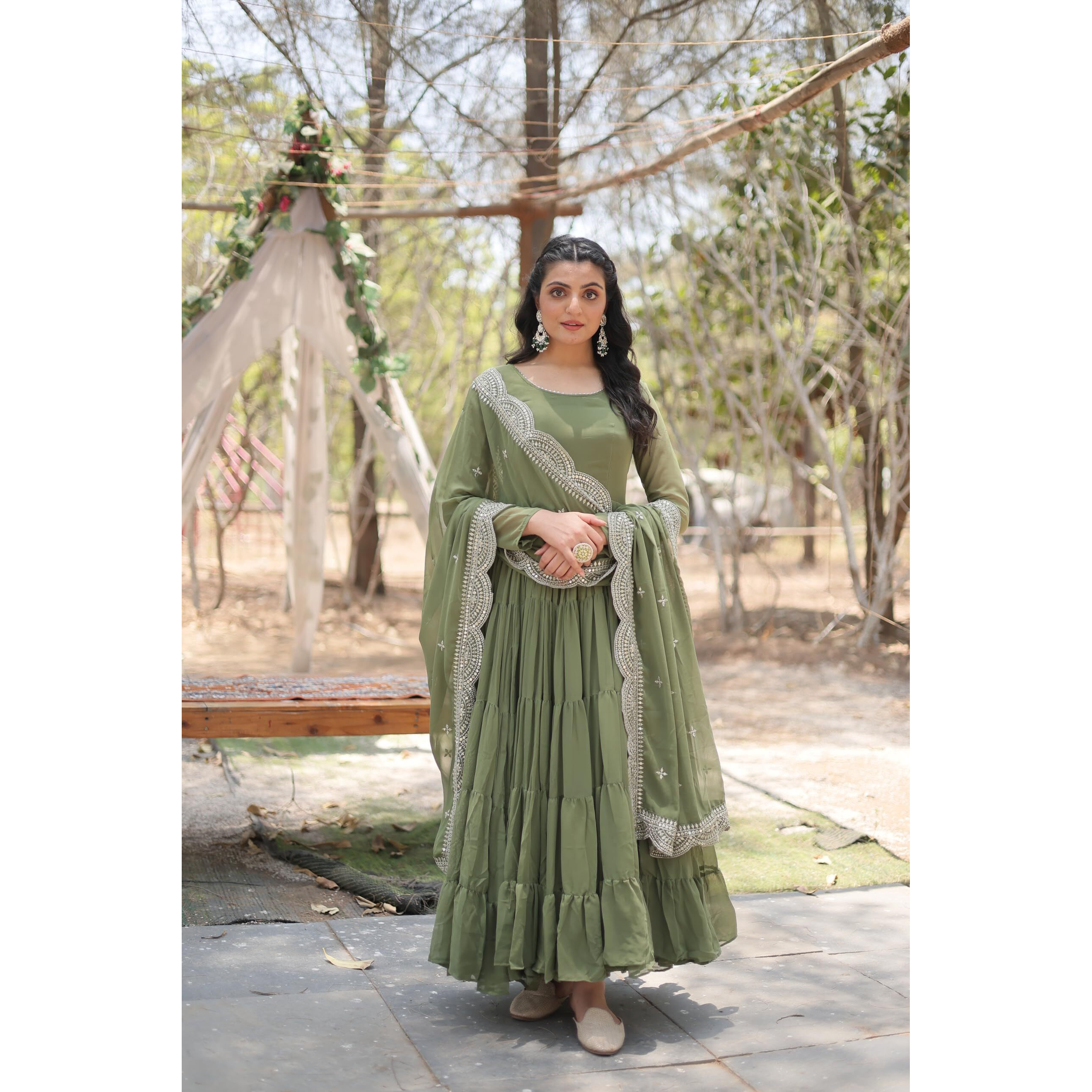 Wedani Georgette Sequins Work Anarkali Kurta Set for Women Green