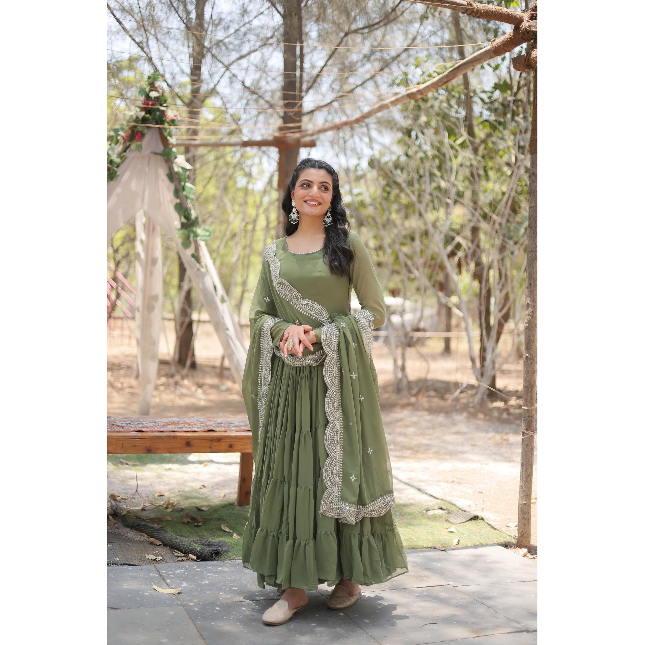 Wedani Georgette Sequins Work Anarkali Kurta Set for Women Green