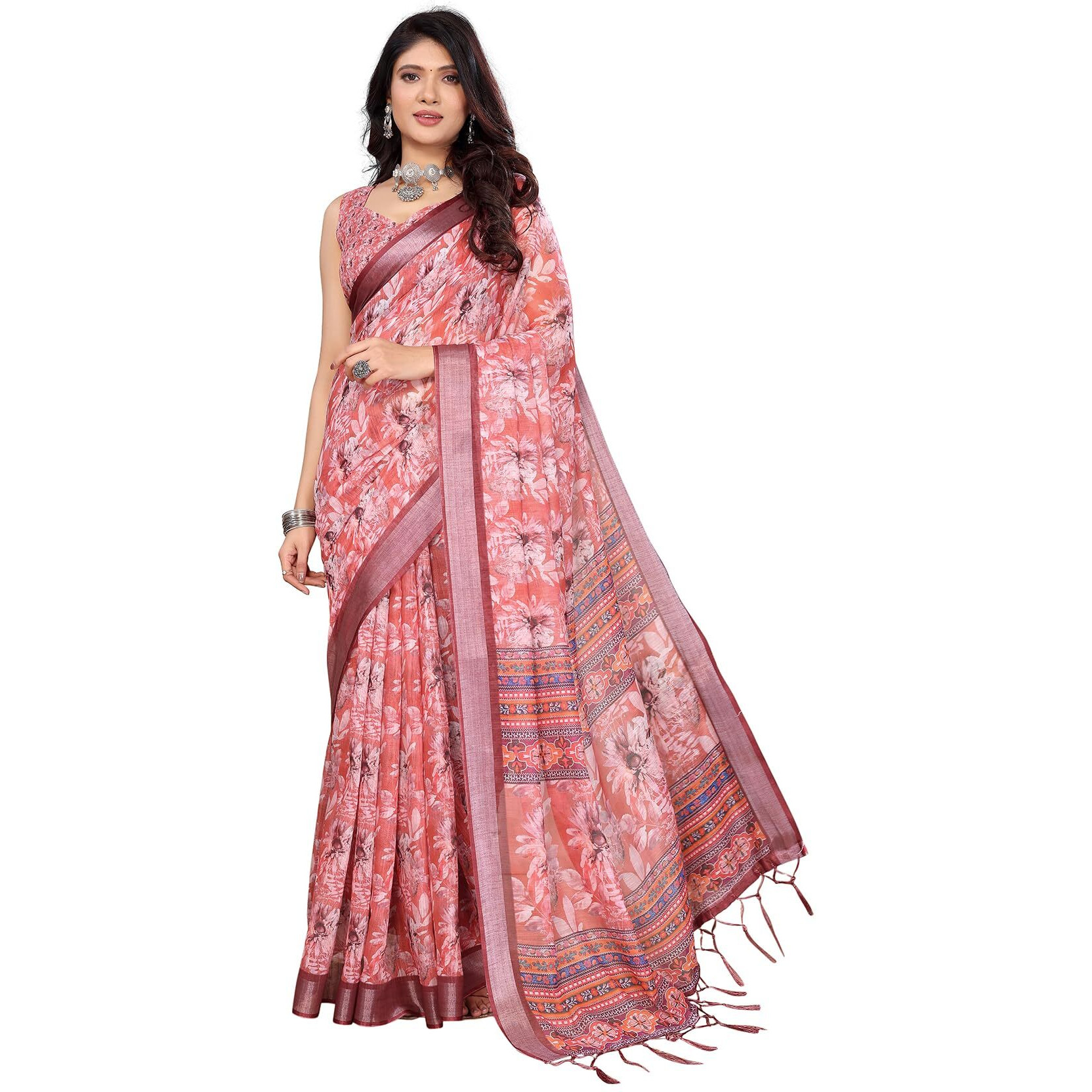Yashika Women's Digital Print Cotton Silk Blend Saree with Silver Weaving Border and Tassels - Elegant Ethnic Wear for Festive and Casual Occasions (AZ-YS-P1-TIGER14)
