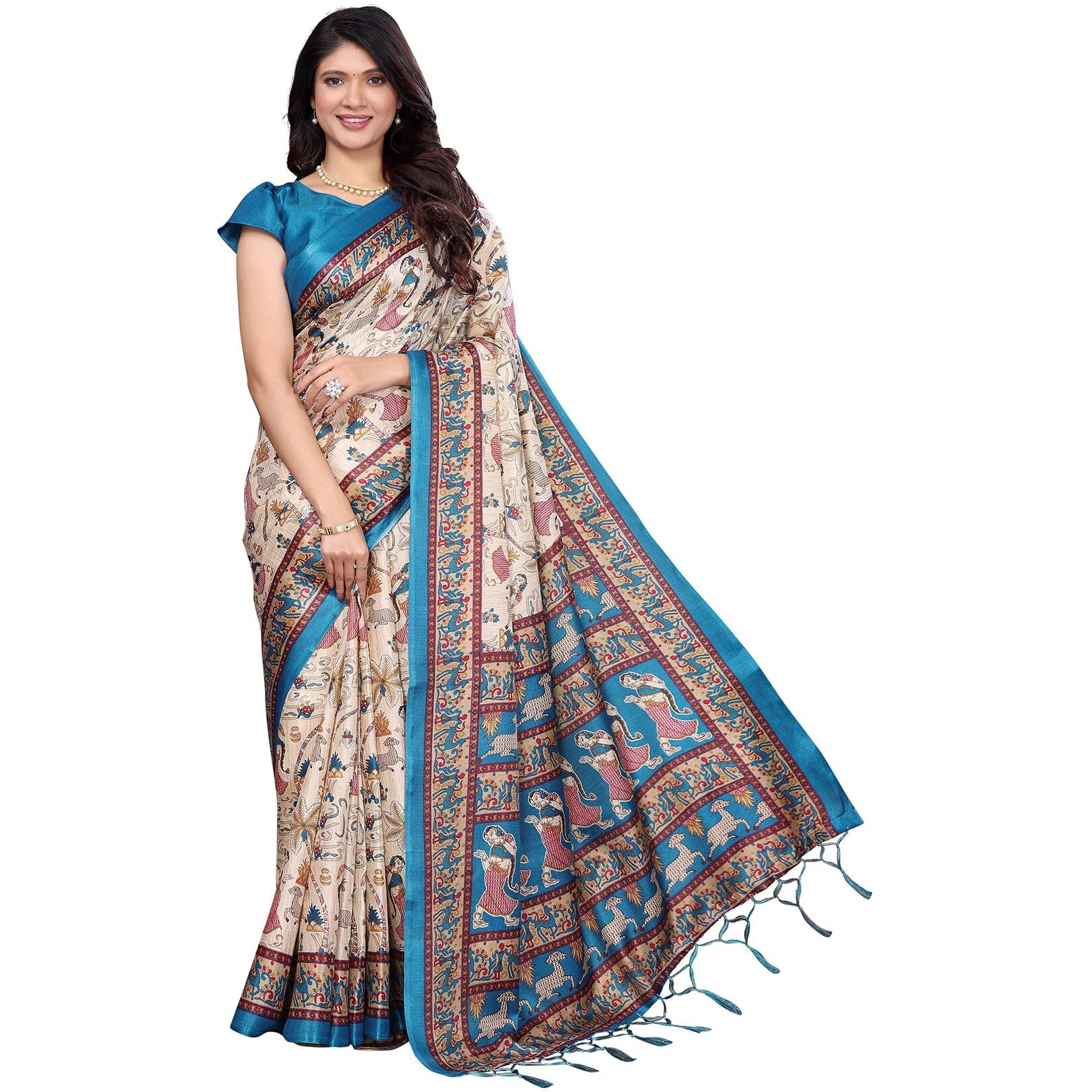 Yashika Women's Art Silk Printed Saree With Blouse Material |saree for Women | Kalamkari Saree | New Sari | Latest Saree (AZ-YS-P1-NIHARIKA CHIKU RAMA JHALAR)