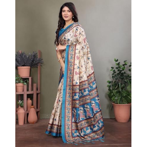 Yashika Women's Art Silk Printed Saree With Blouse Material |saree for Women | Kalamkari Saree | New Sari | Latest Saree (AZ-YS-P1-NIHARIKA CHIKU RAMA JHALAR)