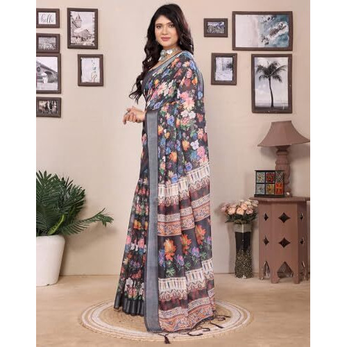 Yashika Women's Digital Print Cotton Silk Blend Saree with Silver Weaving Border and Tassels - Elegant Ethnic Wear for Festive and Casual Occasions (AZ-YS-P1-TIGER16)