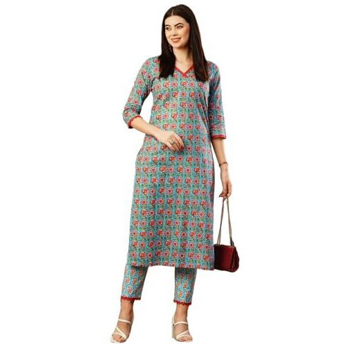 ANNI DESIGNER Women's Cotton Blend Straight Printed Kurta with Pant (Balajyoti Blue-NW_XXL_Blue_XX-Large)