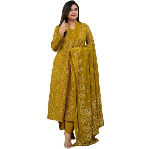ANNI DESIGNER Women's Rayon Viscose Anarkali Printed Kurta with Pant & Dupatta (VANGALA Mehandi_M_Mehandi_Medium)