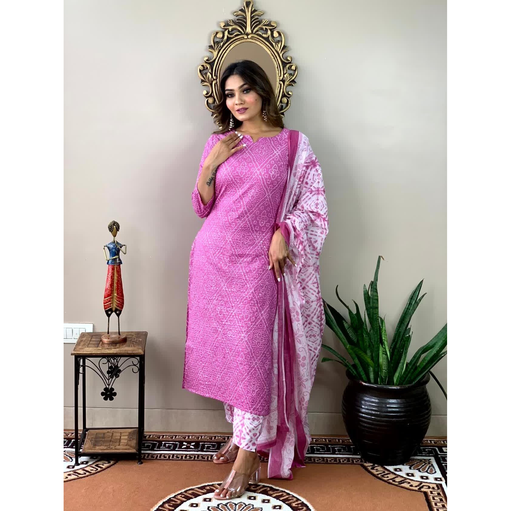 ANNI DESIGNER Women's Cotton Blend Straight Printed Kurta with Pant & Dupatta (Dalaja-Majenta_XL_Majenta_X-Large) Magenta