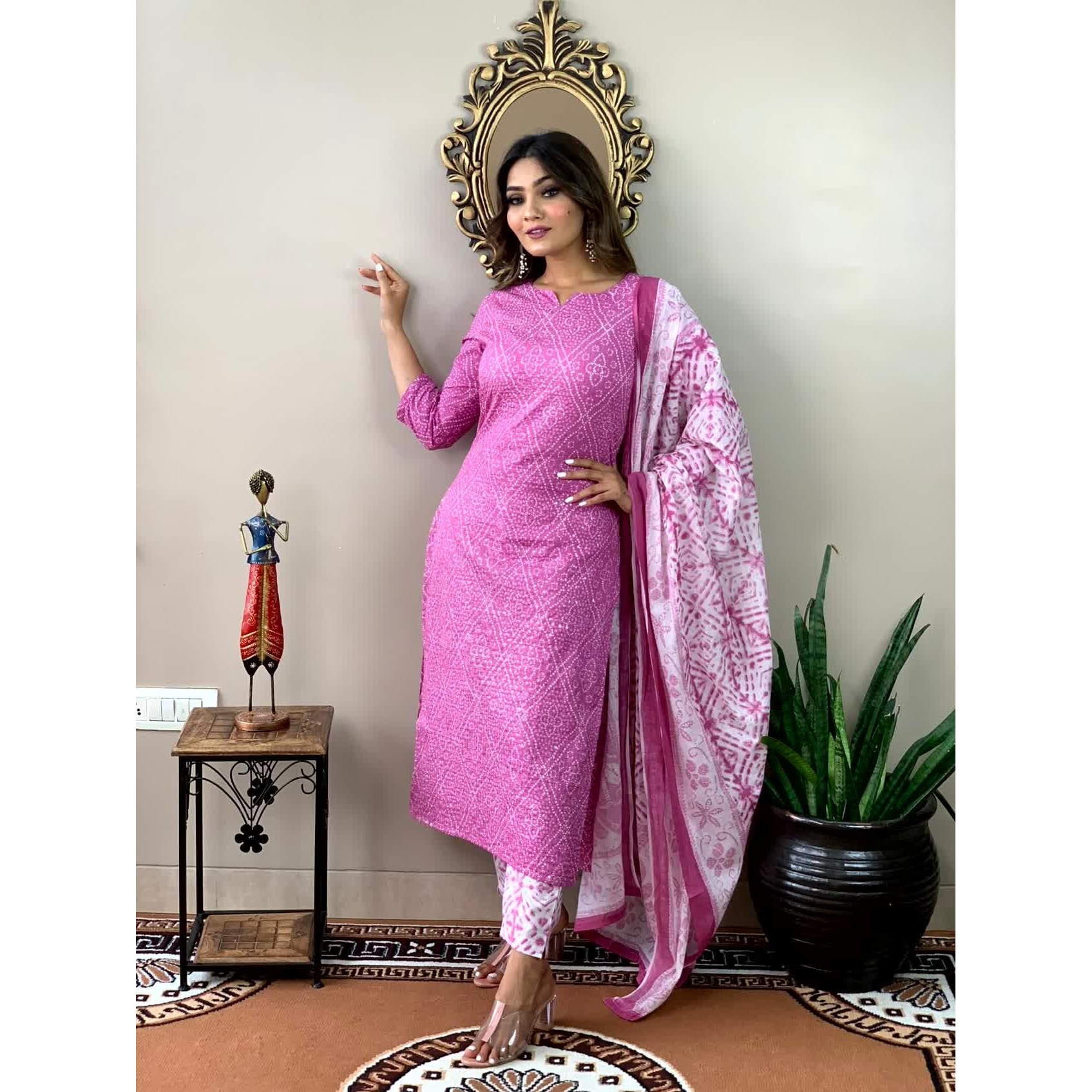 ANNI DESIGNER Women's Cotton Blend Straight Printed Kurta with Pant & Dupatta (Dalaja-Majenta_XL_Majenta_X-Large) Magenta