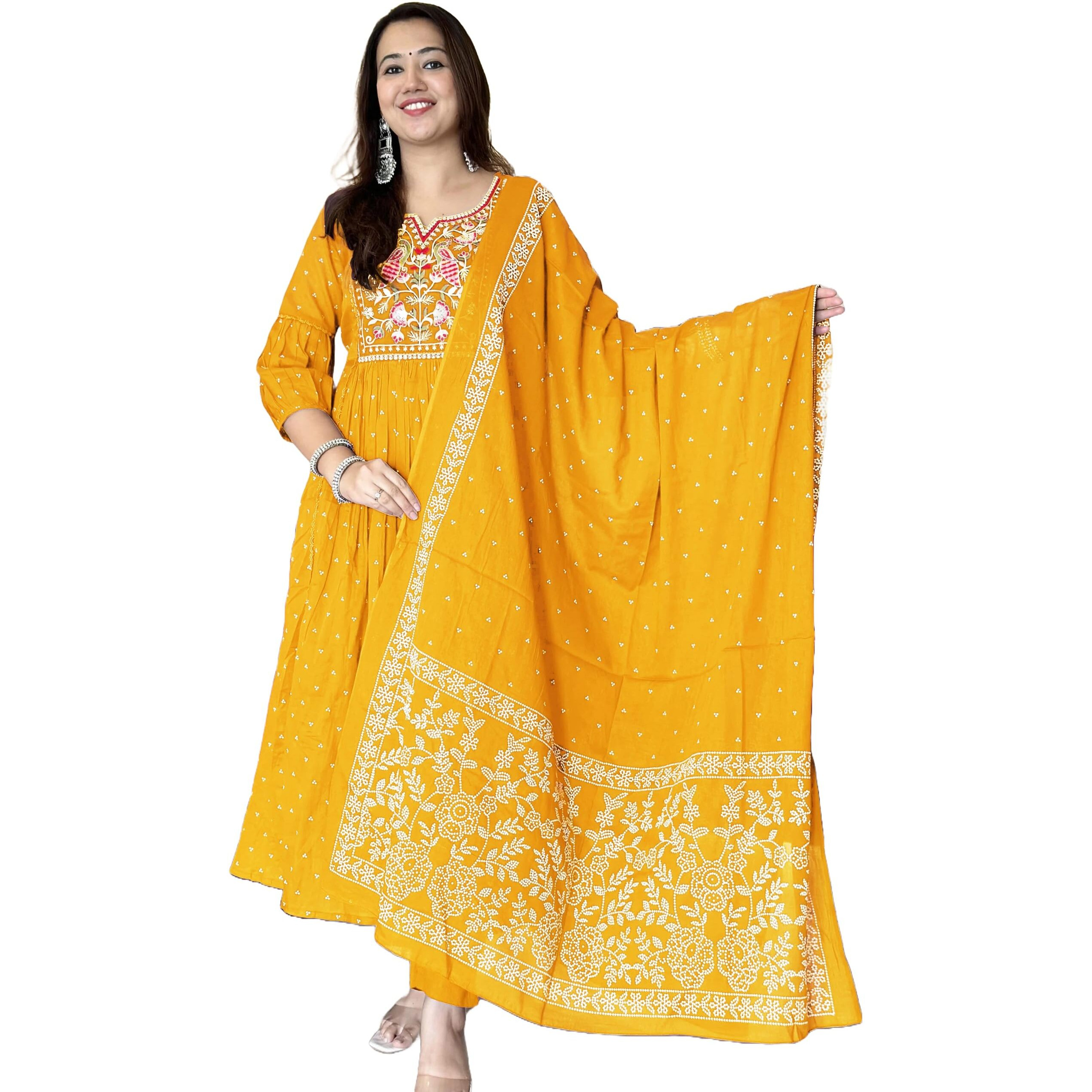ANNI DESIGNER Women's Rayon Viscose Embroidered Anarkali Kurta with Pant & Dupatta (Kanota Yellow-VKS05_S_Yellow_Small)